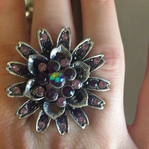 Oversized purple rhinestone flower ring